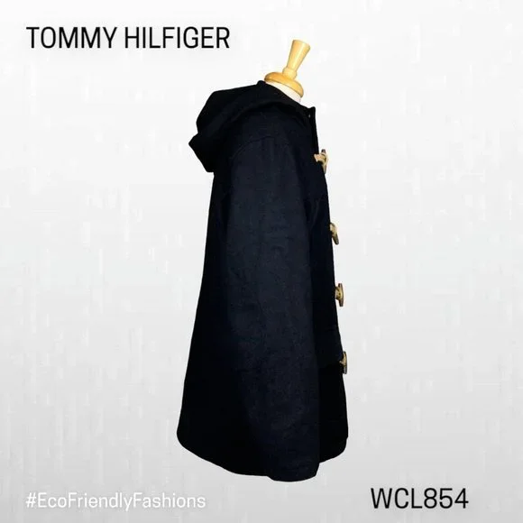 Tommy Hilfiger Mens Black Wool Blend Hooded Toggle Duffle Pea Coat Size Medium i - Picture 2 of 6